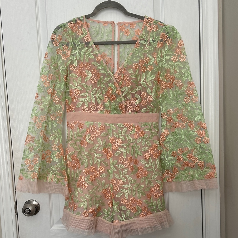 Floral Lace Jumpsuit with Green and Pink Accents